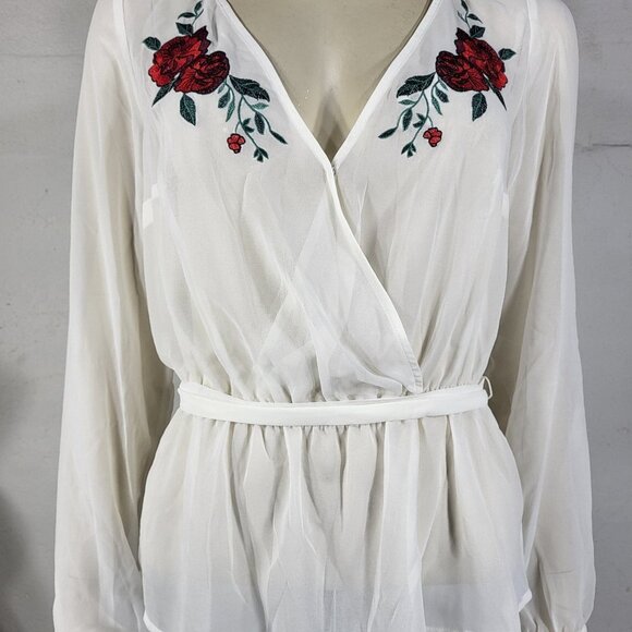 Express Tops - NWT Express ivory sheer red rose embroidered V-Neck peplum blouse ladies Small